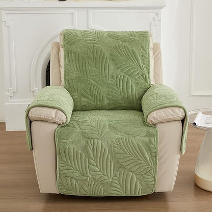 vctops Palm Leaves Velvet Plush Quilted Recliner Chair Cover Anti-Slip Super Soft Furniture Protector with Elastic Straps for Kids, Dogs, Pets, Green