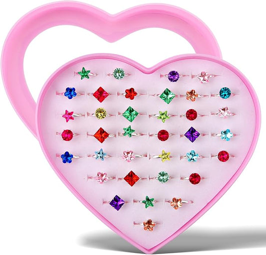 Little Girl Jewel Rings, Adjustable Pink Rings Girls Kids Pretend Play and Dress up Jewelry Set, Cute Rings with Display Case Party Favors Toys Gifts