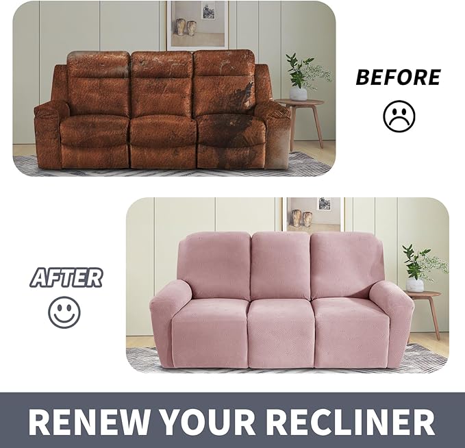 JIVINER Recliner Couch Cover, Jacquard 5 Piece Stretch Sofa Covers for 3 Cushion Reclining Lazy Boy Soft Washable Sofa Slipcovers Protector with Pockets (Recliner Sofa, Dusty Pink)