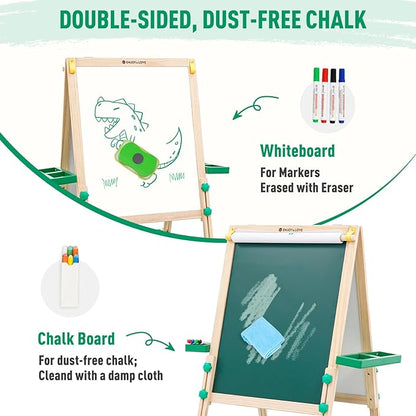 Extra Large Wooden Easel with Paper Roll, Art Easel for Kids White Board & Chalkboard 2 Sided, Height Adjustable, Foldable Drawing Board Includ Rich Painting Accessories, L: 25.5, W: 20.9, H: 43.3inch