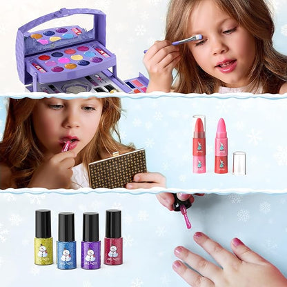 GirlsHome Kids Makeup Set for Girl 56 Pcs Washable Real Cosmetic, Non-Toxic Frozen Toys Toddler Makeup Kit, Frozen Princess Dress up Kit Christmas & Birthday Girl Gift for 3-12 (Frozen Purple)