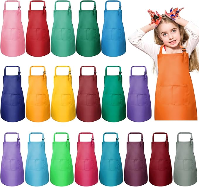 20Pcs Kids Chef Aprons Bulk, Child Aprons Art Aprons Set, Adjustable Children Kitchen Chef Aprons with 2 Pockets for Boys Girls Cooking Painting, 20 Color(L for 7-13 Age)