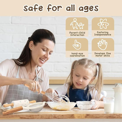 Wooden Kids Safe Knife and Kids Baking Set for Real Cooking, 10 Pcs Montessori Kitchen Tools,Toddler Knife Set Ideal for Cooking and Baking
