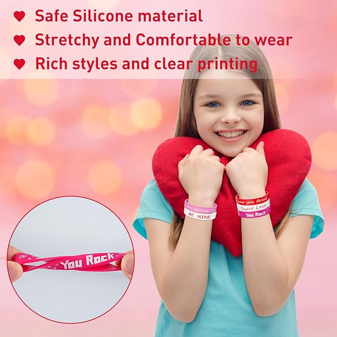 Morcheiong 70 Pcs Valentine's Day Silicone Bracelets Pink Red Party Favors Classic Rubber Wristbands for Kids Adults Valentine's Day Party Decorations