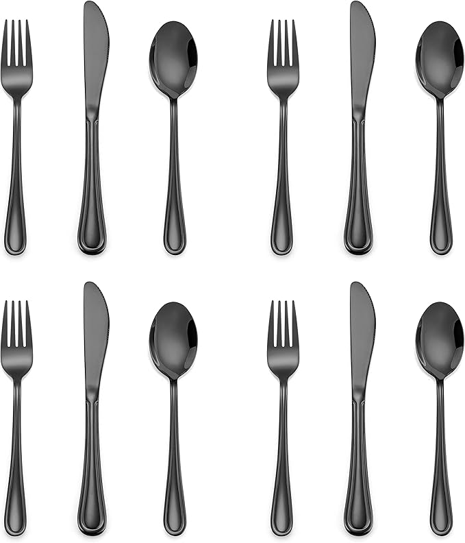 12-Piece Black Kids Silverware, E-far Stainless Steel Toddler Kids Utensils Safe for Preschooler/Children, Includes 4 Forks 4 Spoons 4 Knife, Slimline Look & Small Size, Healthy & Rust Free
