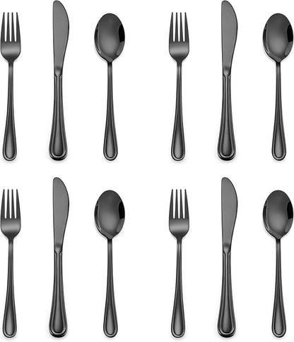 12-Piece Black Kids Silverware, E-far Stainless Steel Toddler Kids Utensils Safe for Preschooler/Children, Includes 4 Forks 4 Spoons 4 Knife, Slimline Look & Small Size, Healthy & Rust Free