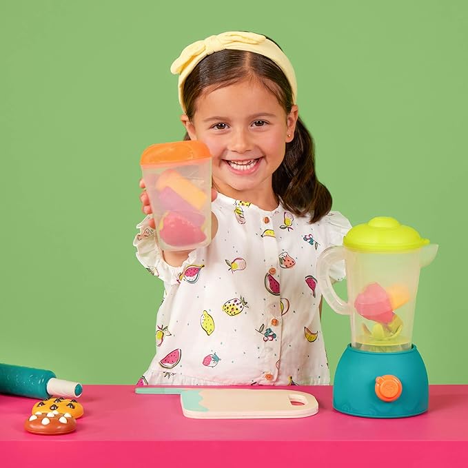 B. toys-Mini Chef - Fruity Smoothie Playset- Pretend Play Smoothie Play Set – Toy Blender & Play Kitchen Accessories – Play Food, Cup, Cutting Board, Knife – Role-Play Toys for Kids – 3 Years +