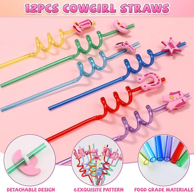 110Pcs Cowgirl Party Favors Hot Pink Princess Birthday Supplies for Girls, Cowgirl Straws Necklace Bubble Wands Silicone Bracelet Western Tattoo Stickers Rodeo Hot Pink Horse Party Favors