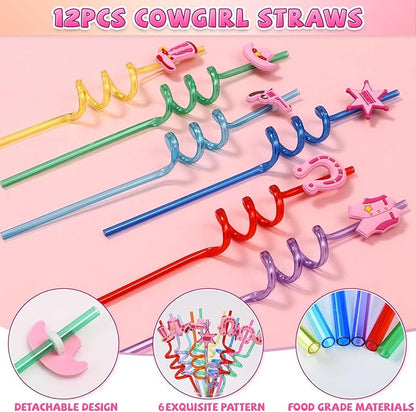 110Pcs Cowgirl Party Favors Hot Pink Princess Birthday Supplies for Girls, Cowgirl Straws Necklace Bubble Wands Silicone Bracelet Western Tattoo Stickers Rodeo Hot Pink Horse Party Favors