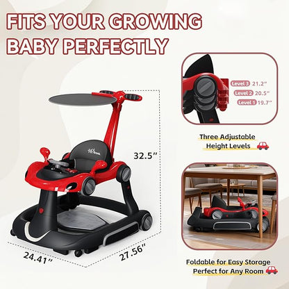 Baby Walker with Wheels, 7-in-1 Foldable Baby Walkers for Boys Girls 6-12 Months with Feeding Tray & Music, Lights,Rocker,Sun Canopy, Bouncing Pedal, Adjustable Wheel Speed, Push Walker (Red)
