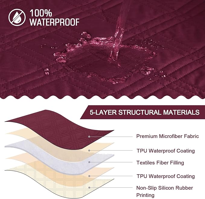 TAOCOCO 100% Waterproof Recliner Chair Cover, Non Slip Recliner Covers for Recliner Chair with Pocket, Washable Reclining Chair Cover Furniture Protector for Kids, Pets(Recliner Chair, Wine)