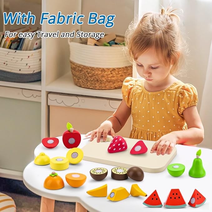 Cutting Fruit Set - Wooden Play Food Kitchen Accessory, Multi - Pretend Play Accessories, Wooden Cutting Fruit Toys for Toddlers and Kids Ages 3+
