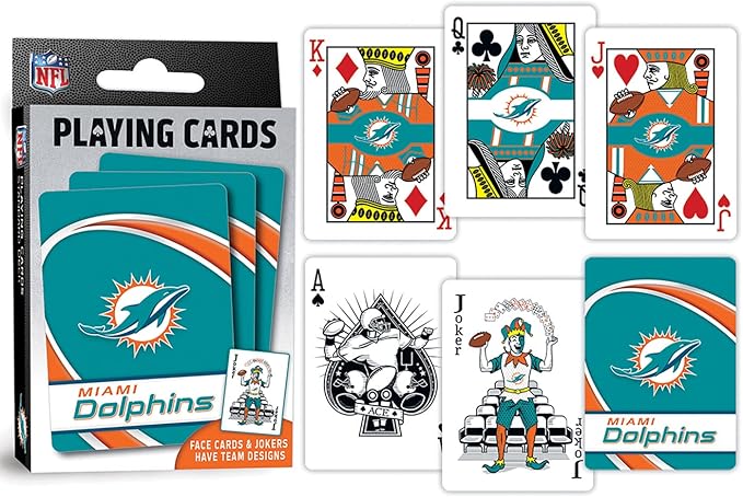 MasterPieces - NFL Playing Cards, Officially Licensed Miami Dolphins Football Deck, Family Games for Adults and Kids, Standard Index