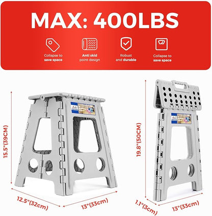 ACKO Folding Step Stool Foldable 16 Inch Stool 400 lbs Capacity,Plastic Stools for Adults and Kids,Collapsible Stool for Kitchen, Stepping Stool with Handle(Grey)