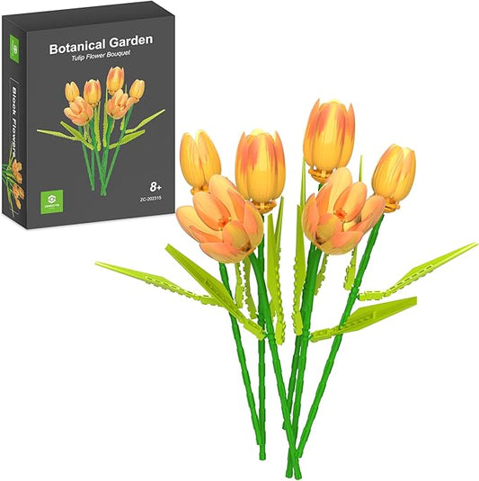 Flower Bouquet Building Toy Set Tulips, Botanical Building Blocks for Adults Home Office Decor Orange Color
