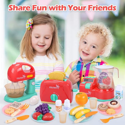 CUTE STONE Toy Kitchen Appliances Playset, Kids Kitchen Toy Mixer and Blender with Sound & Lights, Play Toaster, Cutting Play Food, Toddler Play Kitchen Accessories Set for Boys Girls