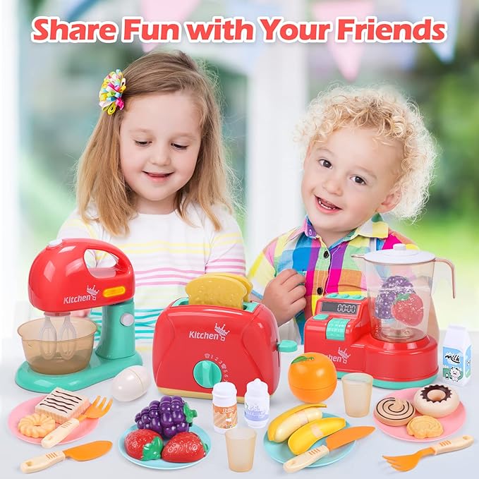 CUTE STONE Toy Kitchen Appliances Playset, Kids Kitchen Toy Mixer and Blender with Sound & Lights, Play Toaster, Cutting Play Food, Toddler Play Kitchen Accessories Set for Boys Girls