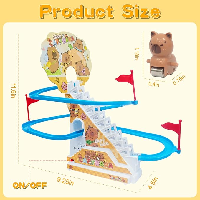 Roller Coaster Toys for Toddlers, Climbing Stairs Slide Toy Set with Flashing Lights & Music On/Off Button, Birthday Capybara Gifts for Boys Girls Kids