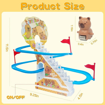 Roller Coaster Toys for Toddlers, Climbing Stairs Slide Toy Set with Flashing Lights & Music On/Off Button, Birthday Capybara Gifts for Boys Girls Kids