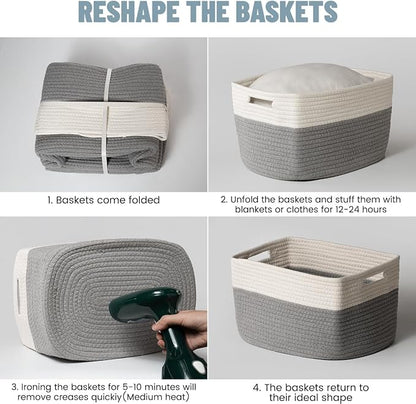 5 Pack Woven Storage Baskets for Shelves, Decorative Basket Closet Organizer Storage Bins for Clothes, Books, Pantry, Bathroom – Cotton Rope Shelf Baskets for Organizing and Decor, Gray & White