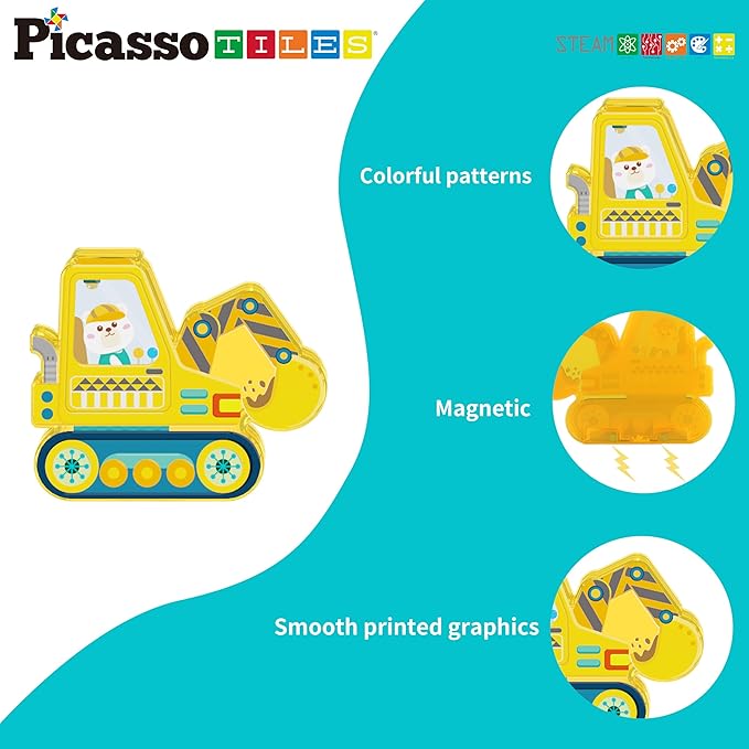 PicassoTiles Magnet Building Tile Blocks Addon 8 Magnetized Action Figures Construction Vehicle Zoo Animal Theme Compatible with Magnetic Build Tiles Playset STEM Learning Girls Boys Ages 3+ PTA21
