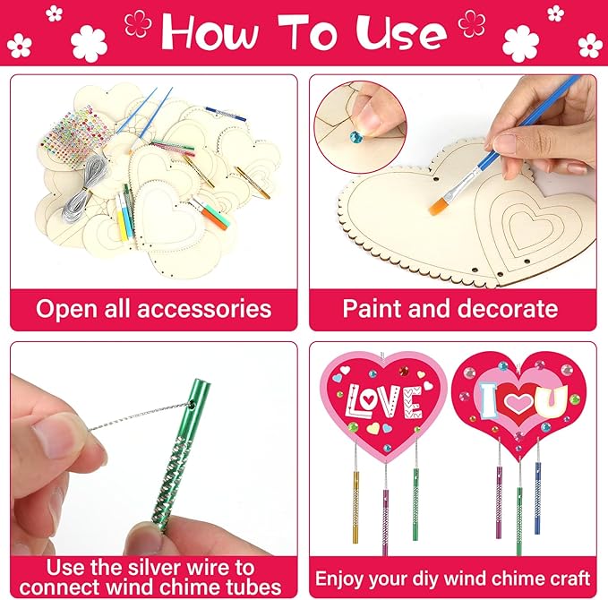 gisgfim 16 Pack Heart Wind Chime Crafts Kits for Kids Make Your Own Valentine's Day Craft Love Crafts Wooden DIY Arts for Valentine Party School Classroom Decorations Supplies Birthday Favors