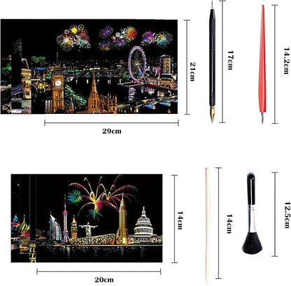 Georgie Porgy Scratch Paper Art A4 Set for Kids Adults Magic Rainbow Scratch Postcards Boards for DIY Arts and Crafts Kits Christmas Birthday Gift with Scratching Tools Kit (Beauty+Fireworks City)