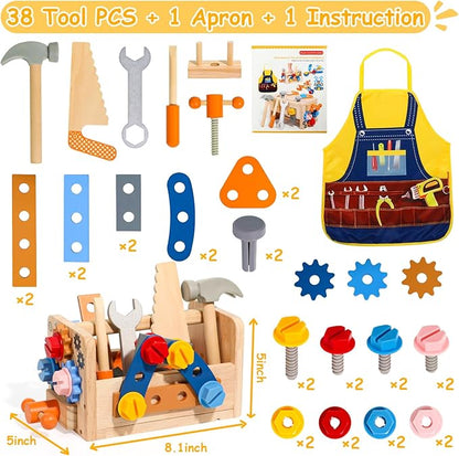 TONZE Kids Tool Set with Apron, Wooden Toddler Tool Bench Montessori Toys for 2+Year Old 39 PCS Educational STEM Construction Toys for Ages 2-4 Pretend Play Toddler Toys 3 4 5 Year Old Birthday Gift