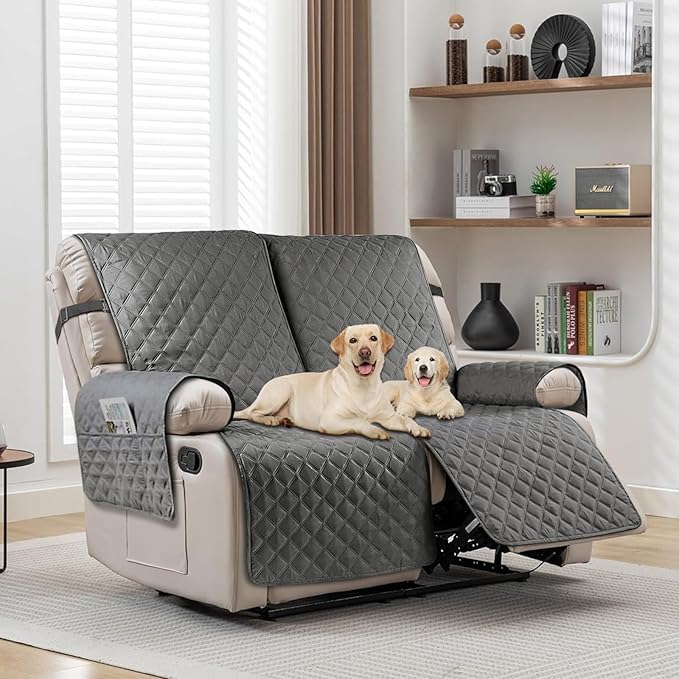 Loveseat Recliner Cover Non-Slip Sofa Slipcover, Pet Covers for Loveseat Recliner with Elastic Straps, Washable Loveseat Cover Recliner Furniture Protector (2 Seater, Dark Gray)