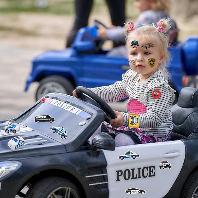 Police Party Favors Kit, Police Party Decorations, 72Pcs Temporary Tattoos, 12Pcs Police Officer Slap Bracelets, 50PCS Police Stickers,12Pcs Mini Police Toy Cars, 12Pcs button badge, 12Pcs Gift Bags