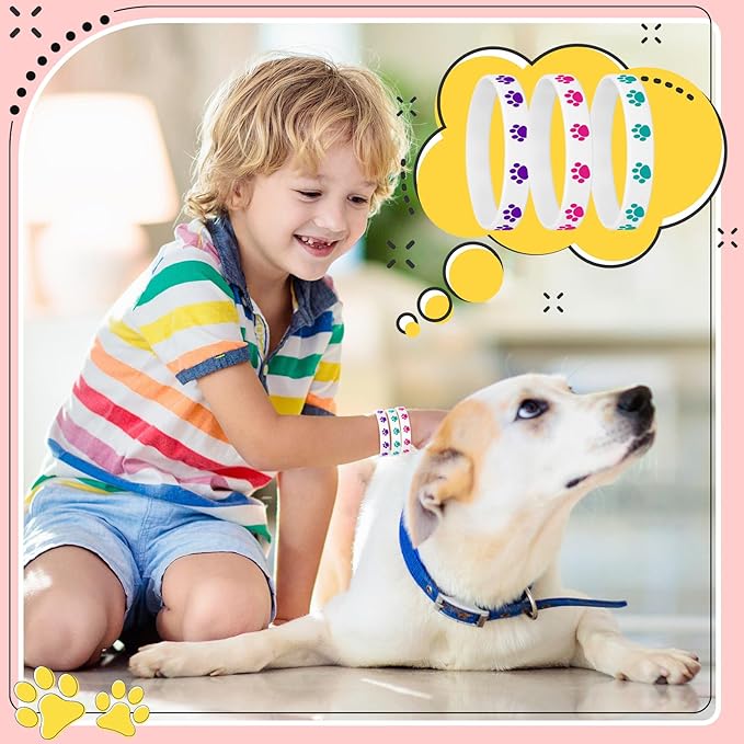 Funtery 100 Pcs Paw Print Rubber Bracelet Silicone Stretch Wristbands Dog Paw Silicone Bracelet Rubber Wristbands Dog Party Favors Birthday Party Supplies Decorations(Bright Color)