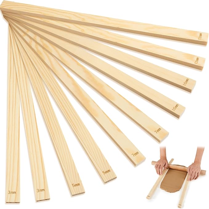 Sasylvia 10 Pcs Pottery Rolling Pin Guides Wood Teaching Rolling Mud Stick Guide Set Polymer Clay Depth Guide Pottery Tools Clay Mudboard Tools (5 Size Lengthen,Wood Color)