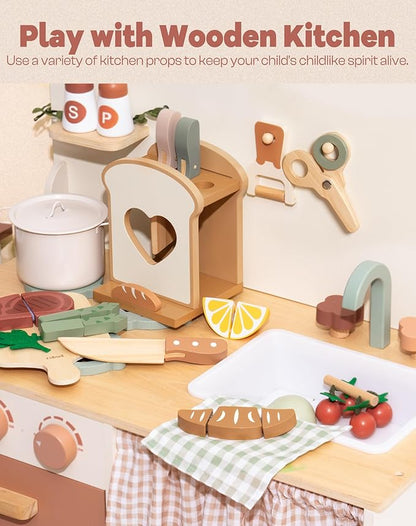ROBOTIME Play Toy Food for Play Kitchen, Wooden Kids Play Kitchen Knife Set – Kids Kitchen Accessories with Cutting Board, Wooden Fruits, Vegetables, Bread, and Cooking Tools for Toddlers Boys Girls