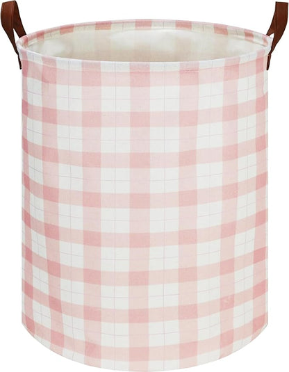 CLOCOR Kids Laundry Basket,Waterproof Baby Boys Nursery Hamper,Collapsible Fabric Storage Container,Toys Bin,Room Decor,Gift Basket（Pink Grid