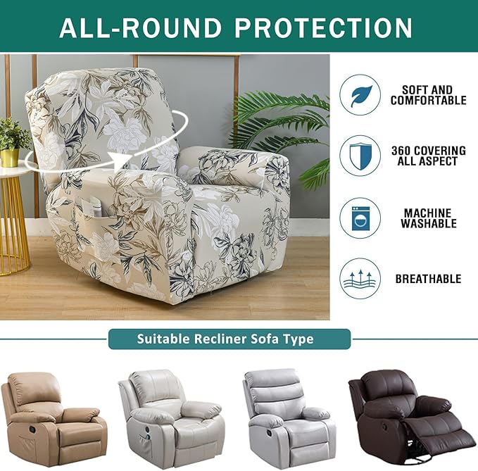 NILUOH Stretch Recliner Cover 4 Pieces Printed Lazy Boy Chair Covers Floral Patterned Recliner Sofa Slipcover Anti-Slip Fitted Furniture Protector with Elastic Bottom, A3
