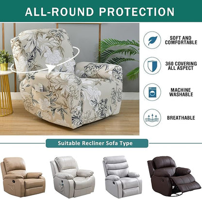 NILUOH Stretch Recliner Cover 4 Pieces Printed Lazy Boy Chair Covers Floral Patterned Recliner Sofa Slipcover Anti-Slip Fitted Furniture Protector with Elastic Bottom, A3