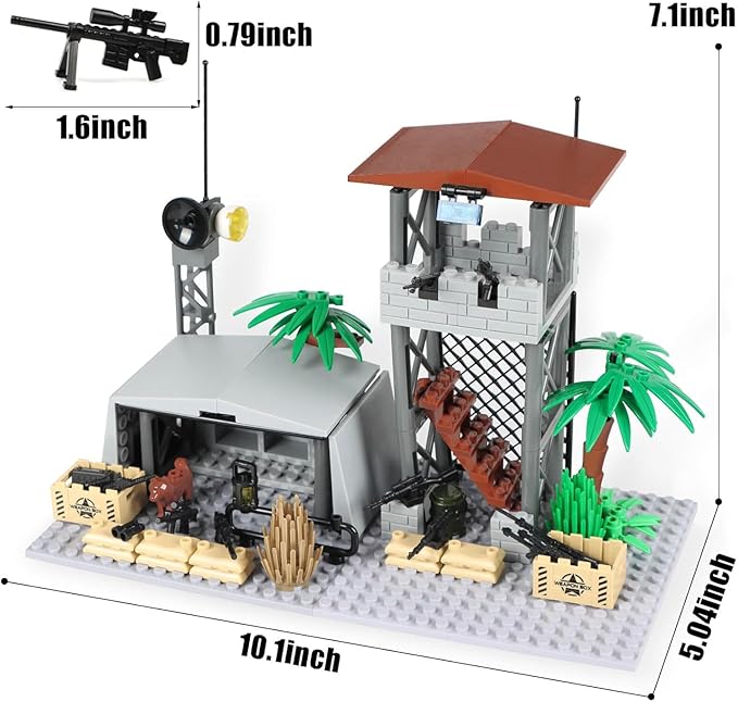 Finger Rock Military Base Building Block Set, WW2 Army Mini War Accessories Kits, Military Ruins Guard Tower Base Guns Army Supplies Block Toy for Kids 8 10 12 14