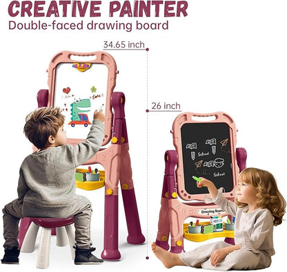 Art Easel for Kids with Magnetic Drawing Board, Double Sided Easel with Magnetic Letters & Numbers Easel, Adjustable Standing Easel for Toddler, Creative Play for Kids (Pink)
