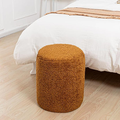 Round Ottoman Soft Chair 14.6x14.6x18 Inches Boucle Ottoman Multifunctional Vanity Chairs for Makeup Fluffy Fur Ottoman Stool Pouf Footrest Stool for Living Room Bedroom (Coffee)
