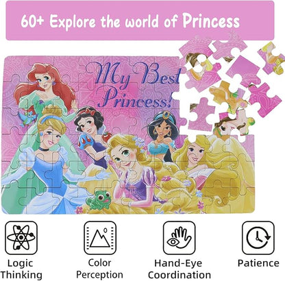 Princess Puzzles for Kids Ages 4-8 60 Pieces Puzzles for Kids Ages 3-5 Princess Puzzle for Girls and Boys Toys Jigsaw Puzzles in a Metal Box Educational Puzzles (Princess 0681)