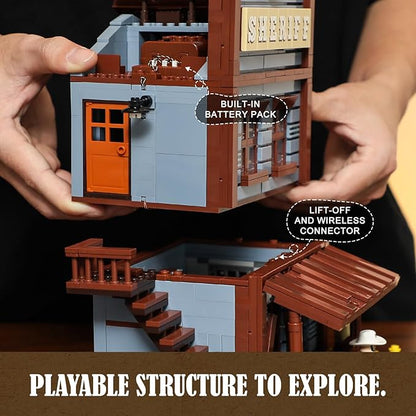 Funwhole Sheriff's-Office Lighting Building-Bricks Set - The Old West Sheriff's Office LED Light Construction Building Model Set 1240 Pcs for Adults and Teen