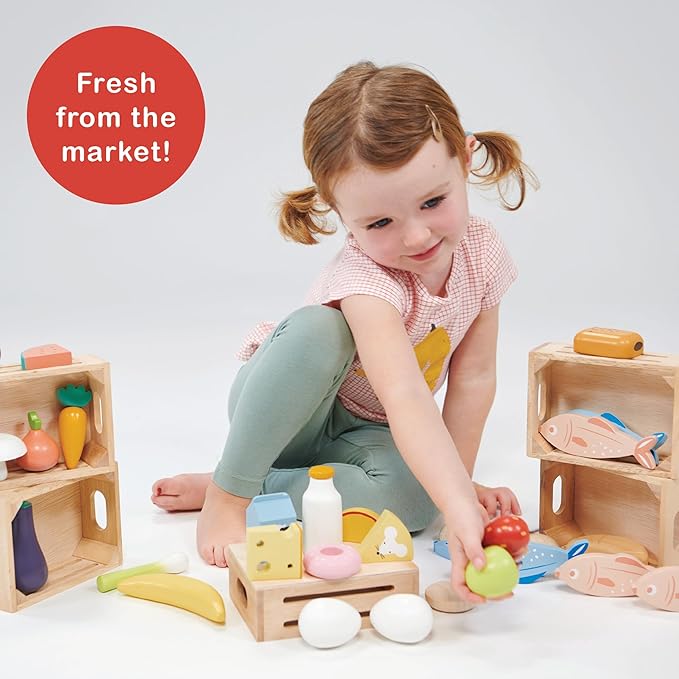 Mentari Toys - Allotment Crate - 6pc Wooden Crate with Vegetable Food Items - Market Pretend Play Toy Food - Play Kitchen Accessories - Imaginative Play Set for Toddlers and Kids - Age 3+