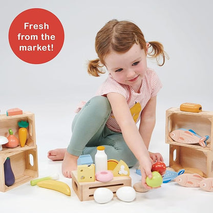 Mentari Toys - Allotment Crate - 6pc Wooden Crate with Vegetable Food Items - Market Pretend Play Toy Food - Play Kitchen Accessories - Imaginative Play Set for Toddlers and Kids - Age 3+