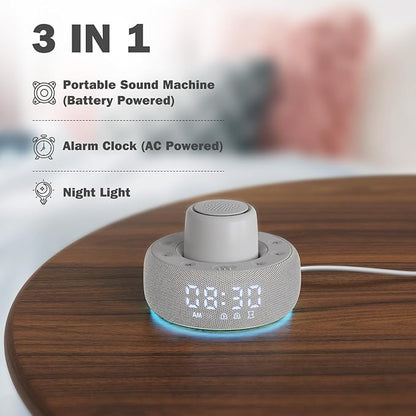 White Noise Machine with Smart Alarm Clock, 25 Soothing Sounds, Portable Sleep Sound Machine Aid for Baby, Kids, Adults, Office, Dimmable Timer, 7 Night Light Colors for Privacy Bedroom, Gray