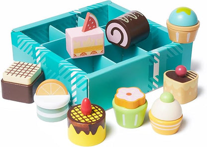 10pcs Wooden Dessert Set Toddler Pretend Play Toy Food, Sweets Playset with Muffin, Cupcake, Chocolate Cake & Roll, Kids Food Toys Play Kitchen Accessories Boys and Girls Birthday Gift