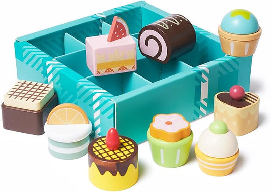 10pcs Wooden Dessert Set Toddler Pretend Play Toy Food, Sweets Playset with Muffin, Cupcake, Chocolate Cake & Roll, Kids Food Toys Play Kitchen Accessories Boys and Girls Birthday Gift