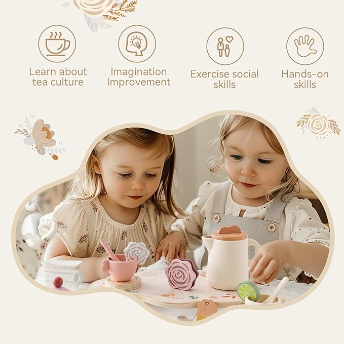 Tea Party Set for Kids - Wooden Tea Set for Little Girls 15PCS Silicone Toddler Tea Set Kitchen Accessories Pretend Play Toy Tea Set for Toddlers - Birthday Gift