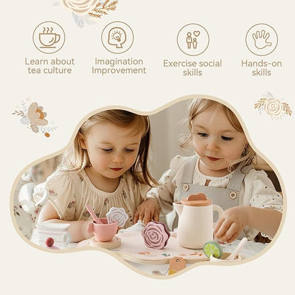 Tea Party Set for Kids - Wooden Tea Set for Little Girls 15PCS Silicone Toddler Tea Set Kitchen Accessories Pretend Play Toy Tea Set for Toddlers - Birthday Gift