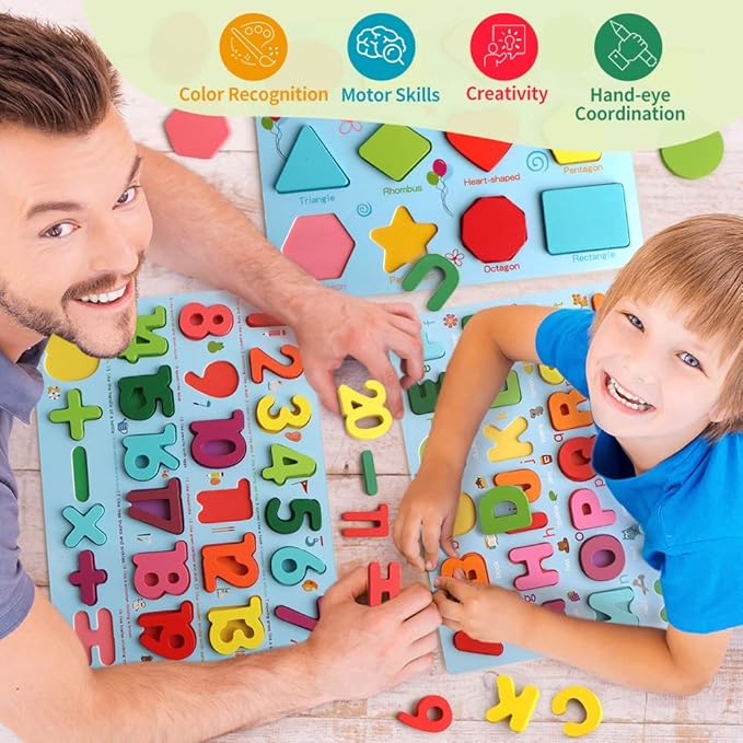 Puzzles for Toddlers, 3 Pack Wooden ABC Alphabet Number Shape Puzzles Toddler Learning Toys for Kids Boys and Girls 2-4, Preschool Educational Toys Gift for Kids Ages 1 2 3 4 5