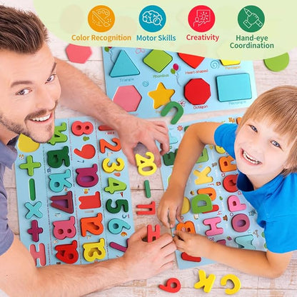 Puzzles for Toddlers, 3 Pack Wooden ABC Alphabet Number Shape Puzzles Toddler Learning Toys for Kids Boys and Girls 2-4, Preschool Educational Toys Gift for Kids Ages 1 2 3 4 5